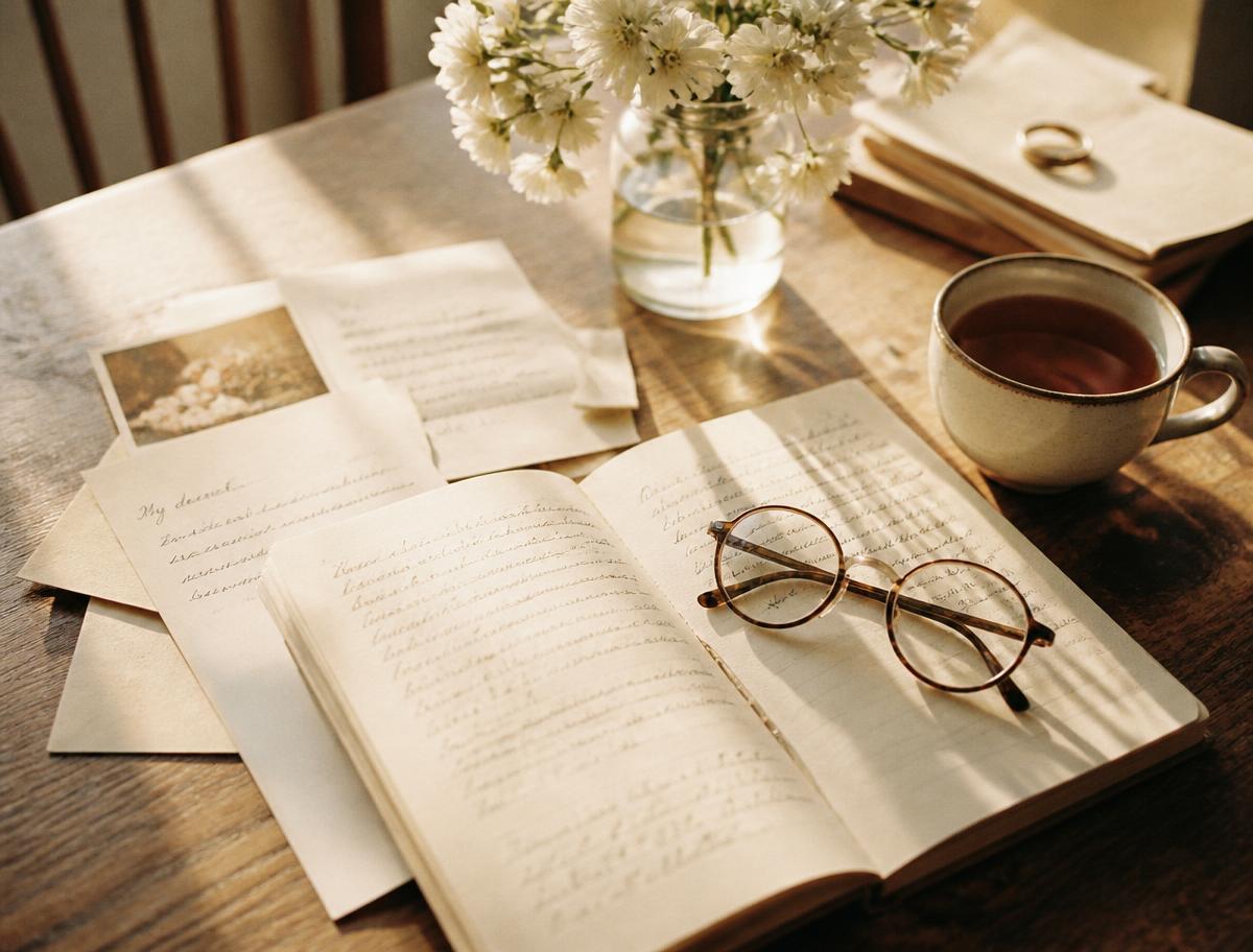 Handwritten letters and an open notebook in warm morning light