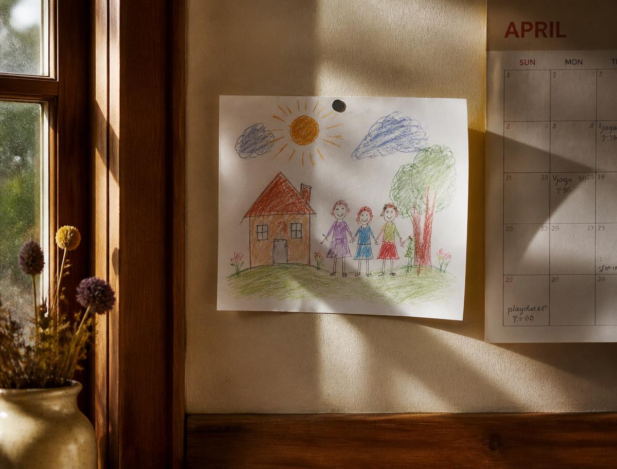 A child's drawing pinned beside a family calendar in warm afternoon light
